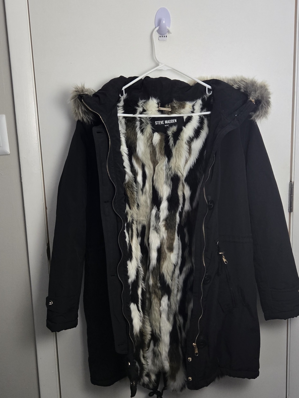 Steve Madden Black Puffer Parka with Multi-Color Faux Fur Lining